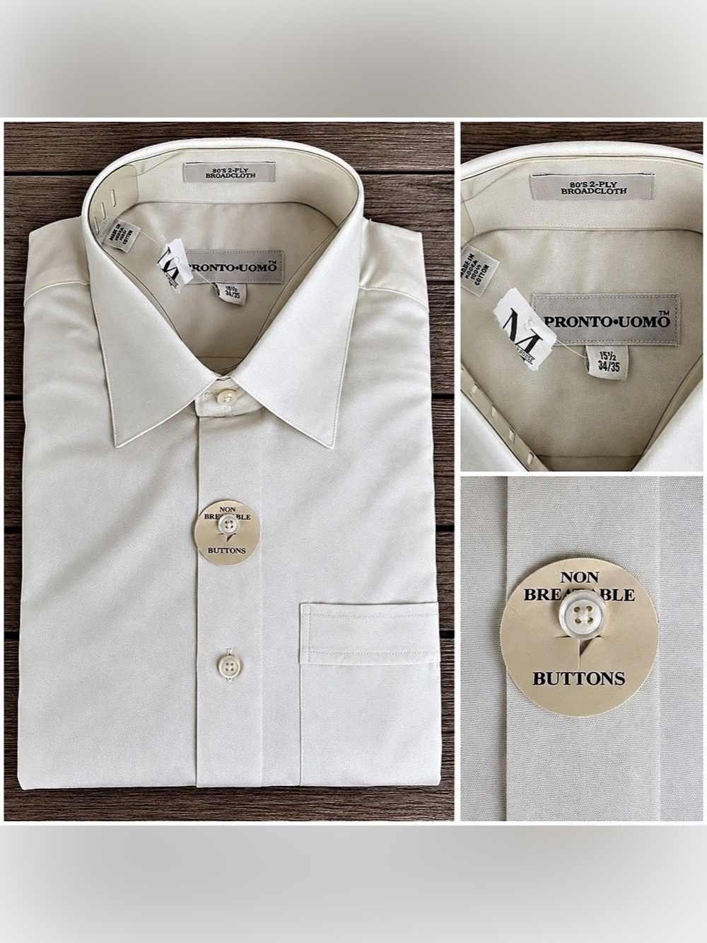 Pronto Uomo 2-Ply Cotton Broadcloth Dress Shirt Ivory 15½ 34/35 NWT